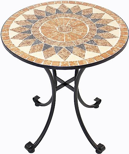 FRANK FLECHTWAREN Mosaiktisch rund Ø70 cm, Metallgestell schwarz | Handgefertigte Steinmosaik-Platte auf stabilem Metallgestell, Ø70 x 76 cm, für Garten, Balkon, Terrasse & Wohnzimmer