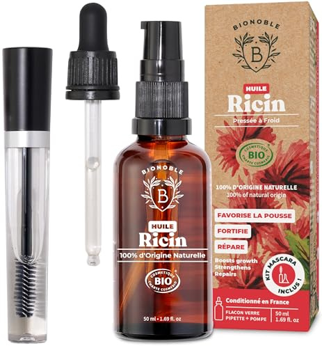BIONOBLE Rizinusöl Kaltgepresst Bio + Mascara-Kit, 100% Natürlich - Wachstumsfördernd, Repariert - Rizinusöl Bio Haare, Wimpern, Augenbrauen, Haut - Castor Oil - Glasflasche, Pipette, Pumpe - 50ml