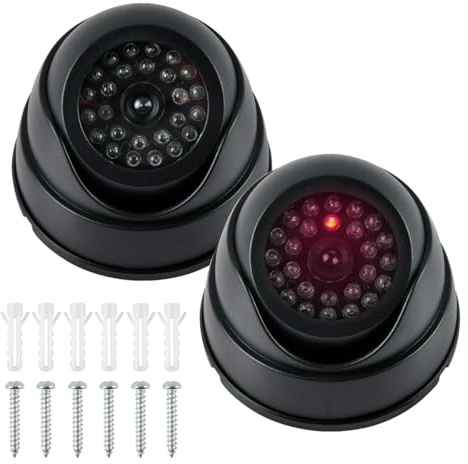 BUYGOO 2 pcs Kamera Attrappe, CCTV Dummy Sicherheits Dome Kameras, Fake überwachungskamera mit Rot Blinkender LED, Überwachungskamera Attrappen, Dummy Kamera Attrappe, für Innen Außenbereich
