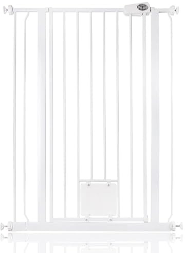 Bettacare Haustiergitter mit Verriegelbarer Katzenklappe, 81.4cm - 89cm, Weiß, 104cm in der Höhe, Extra Hohes Haustier Sicherheitsgitter mit Katzenklappe, Einfache Installation
