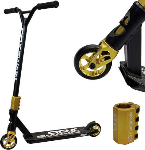 Cox Swain X-385 Stunt Scooter Kinder ab 10 Jahre – Stunt Roller mit SCS Compression, CNC-gefräster Alu Gabel aus einem Stück, ABEC 9 Alu Core Rollen & 360° Y-Lenker für Skatepark & Pipe