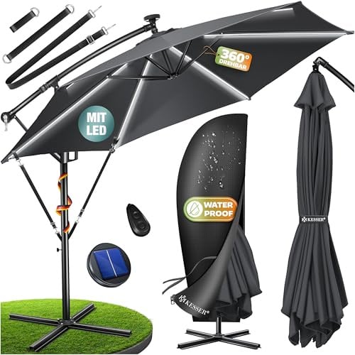 KESSER® Sonnenschirm Solar Ø 300 cm/Ø 350 cm mit LED Beleuchtung, Ampelschirm mit Kurbel, Garten, Sonnenschutz, Gestell & Ständer aus Alu, UV-Schutz, wasserdicht + Windfest, 360° Funktion + Hülle