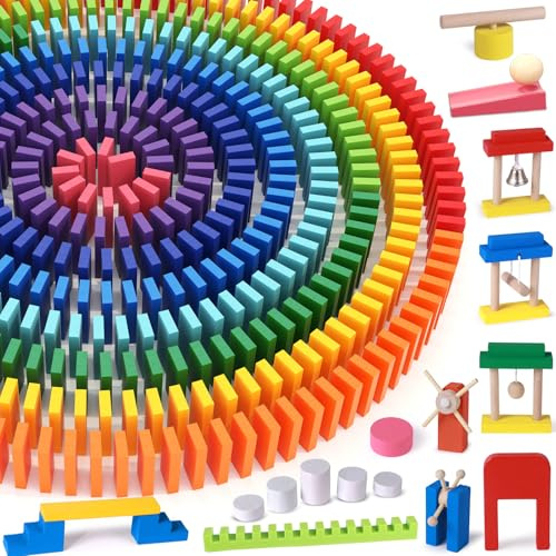 1000Stk Dominosteine Holz Bunte Domino Spiel Lernspielzeug Geschenk Kinder | Zusatzblöcke Anleitung Aufbewahrungstasche Bausätze Holzspielzeug Rennen Spiele Gebäude Blöcke Geschenk für Kinder
