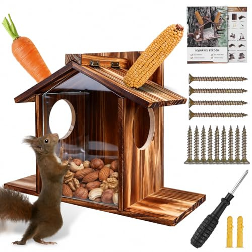 Eichhörnchen Futterhaus Wetterfest aus Holz – Robust Eichhörnchen Haus mit Leinöl-Beschichtung, Belüftungslöchern und großer Futterstation – Futterstationen für Eichhörnchen & Kobel