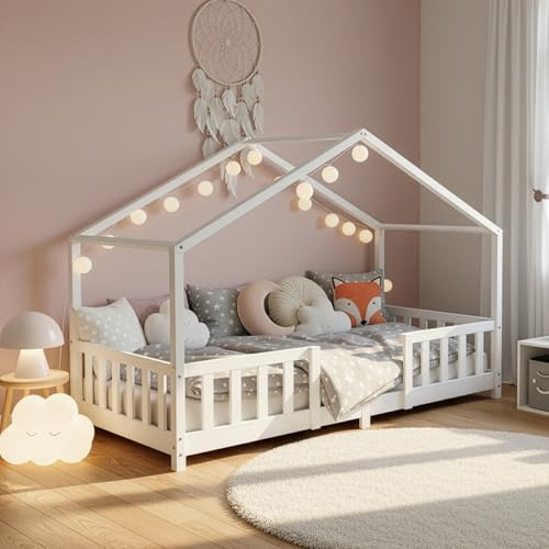 [en.casa] Kinderbett Treviolo Hausbett 80 x 160 cm Holzbett für Kinder mit Rausfallschutz Montessori Bettgestell mit Lattenrost Kiefernholz Weiß