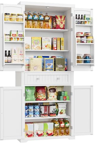 VASAGLE Küchenschrank, Hochschrank Küchenbuffet Vitrinenschrank, Buffetschrank mit Verstellbaren Ablagen, Esszimmerschrank mit Schubladen, für Wohnzimmer Küche, 40 x 76 x 182,1 cm, Weiß BBC561W21