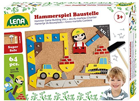 Lena 65828 Hammerspiel, Nagelspiel mit 64 bunten 8 Baustellen Teilen, Grundplatte aus Kork ca. 28 x 19,5 cm, Hammer und Nägel, Klopfspiel für Kinder ab 3 Jahre, Hämmerchenspiel, Mehrfarbig