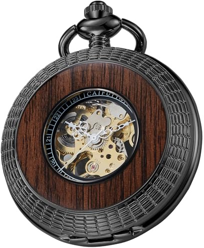 Tiong Taschenuhr aus Holz, mechanisch, Steampunk, elegant, Kupfer, offenes Zifferblatt, Herren-Taschenuhren mit Kettenbox