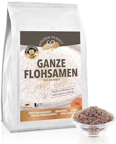 GOLDEN PEANUT Flohsamen ganz 1 kg - 99% Reinheit, ballaststoffreich, ohne Zusätze, aus Indien, vegane und glutenfreie Backzutat