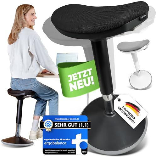 ergobalance Ergonomischer Bürohocker [2 Sitzpositionen] höhenverstellbarer Sattelhocker [43–63 cm] Sitzhocker für aktives Sitzen | Rutschfester Standfuß