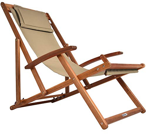 Casaria® Sonnenliege Holz Wetterfest Klappbar Verstellbar 160kg Belastbar Armlehne Nackenkissen Garten Balkon Liegestuhl Akazie 94x94x60cm Beige