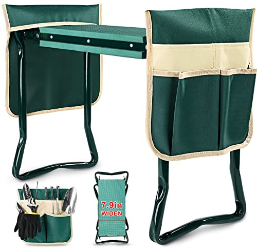 KVR Verbesserter Gartenkniebank und Sitz mit dicker und breiter, weicher Kniepolster, strapazierfähiger, faltbarer Gartenhocker mit 2 Werkzeugtaschen, Gartengeschenke für Frauen, Herren, Senioren