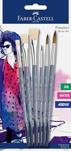 FABER-CASTELL 282891 - Pinselset 6-teilig mit Rundpinseln und Flachpinseln, Künstlerpinsel für Acryl-, Aquarell- und Ölmalerei