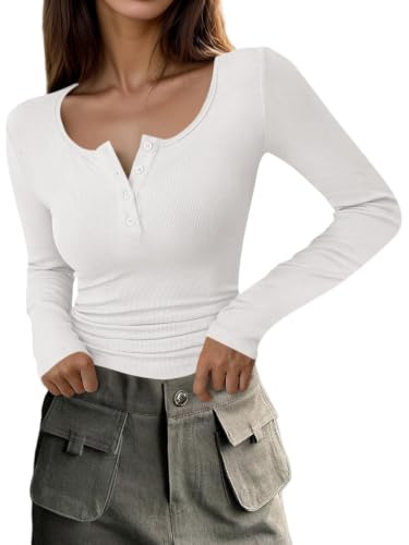 Cicy Bell Damen Langarmshirt Tiefer Ausschnitt Oberteile | Sexy,Slim Fit,Henley shirt,Button Down,Baumwolle,Longsleeve,Bluse,Top,Pullover