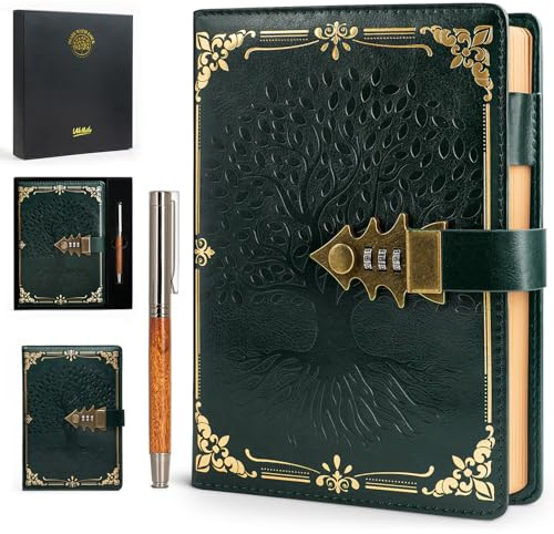 WEMATE Tagebuch mit Schloss und Geschenkbox, A5, 260 Seiten, nachfüllbar, Hardcover Passwort Notizbuch, Vintage Lock Journal, Mädchen, Männer, Studenten, 21,8 x 14,7 cm (Grün)