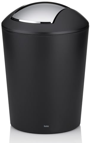 kela Schwingdeckeleimer schwarz, Kosmetikeimer 5l mit Schwingdeckel, Kunststoff, MARTA, Mülleimer Badezimmer schwarz matt