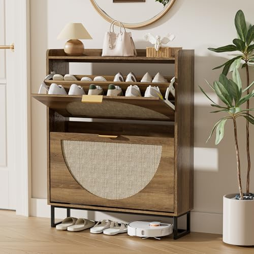 Schuhkommode mit 2 Schubladen, Rattan Design Schuhschrank Schmal Holz | Schuhaufbewahrung mit Metallbeinen Für Flur, Schuhorganizer für Eingangsbereich, Wohnzimmer, Schlafzimmer, 80x24x101cm