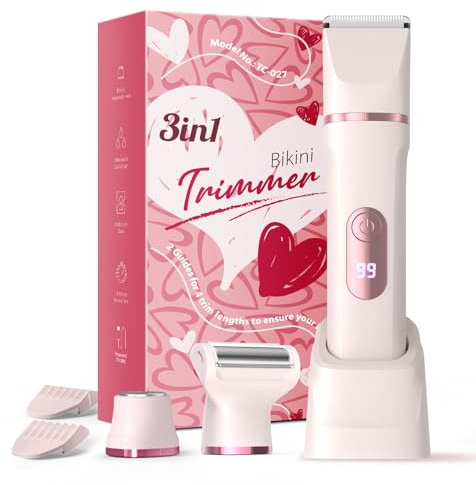 Rasierer Damen, 3-in-1 Intimrasierer für Frauen, für Körper & Intimbereich mit LED-Anzeige, Damenrasierer elektrisch IPX7, Wiederaufladbar mit USB-Ladestation, Trimmer Damen nass & trocken, Rosa