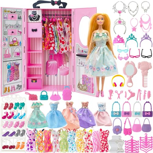 Yutoy 122 Pcs Puppen Kleiderschrank Spielset mit 11,5 Zoll Puppe, Kleidung und Zubehör, Enthalten Kleid Schuhe Taschen Schuhregale, Verkleidungsspielzeug für MäDchen, Kinder Kleinkinder (Rosa)