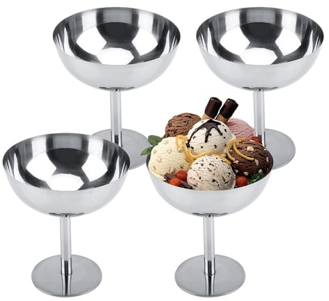 4 Stück Eisbecher Ø 10cm 200ml Edelstahl Dessertschale Cocktail Gläser Dessertschale mit Fuß, Ice Cream Sundae Dessertgläser für Obst Salat Joghurt und Fruchtpudding, für Hochzeiten, Partys(Tall)