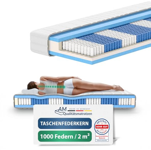 AM Qualitätsmatratzen 1000 Federn Taschenfederkernmatratze 90x200cm H4 24cm - Made in Germany & Oeko TEX Siegel - Federkernmatratze 90x200 mit Lyocell Bezug - 7 Zonen Matratze 90x200 H4