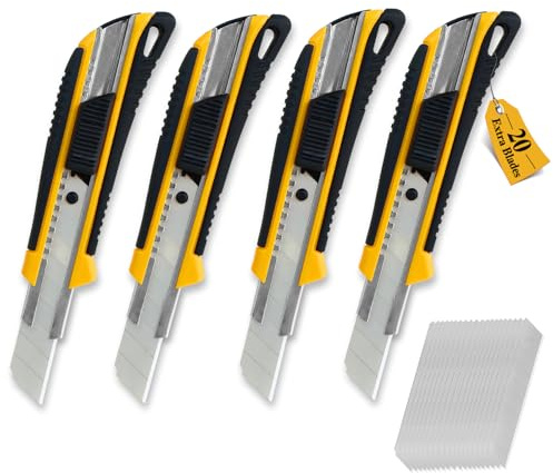 CCLIFE 4 Stück Cuttermesser Set 18mm mit 20 Ersatzklingen Abbrechklingen Kartonmesser Mehrzweck Messer Allzweckmesser Teppichmesser mit Sicherheitslock