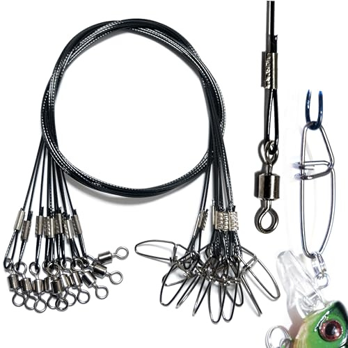 Steinn 10 Stücke Stahlvorfächer | Edelstahl Vorfächer Stahl Stahlvorfach | 50cm Lang 3.5g Schwarz | Angeln Vorfach Hecht Angelvorfächer Angelzubehör mit Wirbel für Raubfische