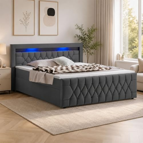 Juskys Boxspringbett Leona 180x200 cm - Bett mit LED Beleuchtung, Topper & H4 Federkern Matratzen - Doppelbett Grau mit Samt und Steppung