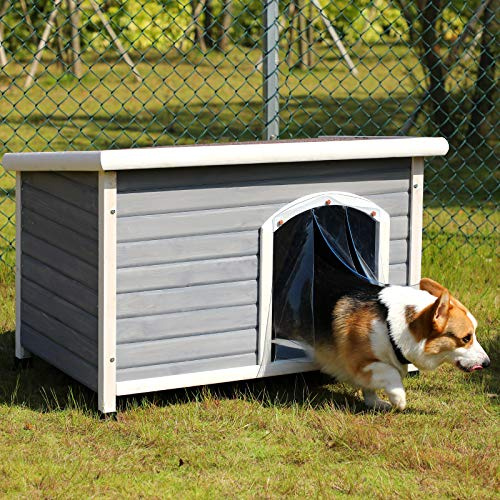 Petsfit Hundehütte Outdoor Winterfest Holz mit abnehmbarem Boden für einfache Reinigung, Hunde Hütte Holzhaus für draußen, Hundehaus verstellbar Fußpolster Steildach, kleines Versteck für Hund, M