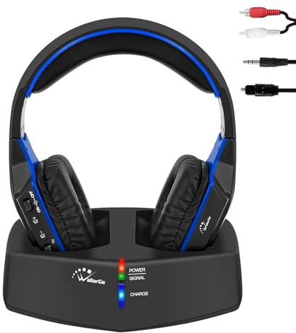 WallarGe Funkkopfhörer für Fernseher/TV, Over-Ear kabellose kopfhörer mit RF Digitales Ladestation mit Reichweite 33 m, mit Optisches und Aux Port (Schwarz & Blau)