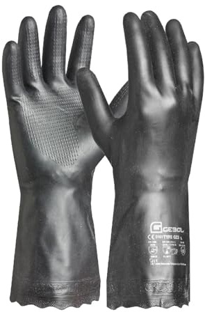 Gebol Carostar, 1 Paar Arbeitshandschuhe Herren, Chemikalienschutz-Gummihandschuhe, Putzhandschuhe mit Baumwoll-Beflockung & Waffelmuster, Säure- & Ölbeständig, Gr. L (Gr.9), Schwarz