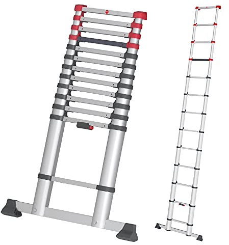 Hailo T80 FlexLine Alu-Sicherheits-Teleskopleiter - ausziehbare Anlegeleiter mit 13 Sprossen - Arbeitshöhe bis 450 cm - Gewicht 13,1 kg - Silber