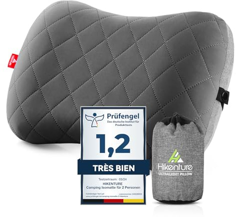 HIKENTURE Aufblasbares Camping/Reise Kissen mit Abziehbarem Kissenbezug, Ergonomisches Kopfkissen, Komfortables Nackenkissen für Reise/Outdoor, Inflatable Travel Neck Pillow-Grau