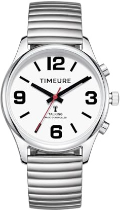Sprechende Funkarmbanduhr mit Analoganzeige, Datums- und Zeitansage, automatischer Zeiteinstellung, Alarm und Stundenschlag,TIMEURE-2309L (Silber)