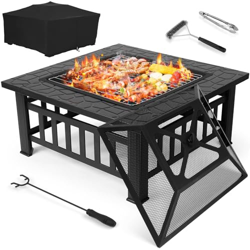 TLSUNNY Feuerschale mit funkenschutz 81 cm, 3 in 1 Feuerkorb mit Grillrost,Feuerschalen Quadratisch für den Garten, Feuerstelle mit Grillfunktion, mit 4 pcs Bein,für Terrasse,Camping,Lagerfeuer Grill