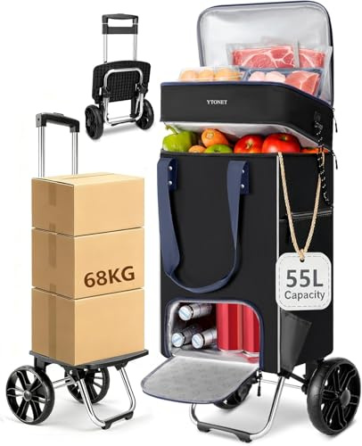 Ytonet Einkaufstrolley Klappbar, Einkaufswagen, Trolley Einkaufstrolley | Einkaufstrolley mit Kühlfach, Wasserdicht Starrer Bodenplatte für 55L/68kg, 3 in1 Shopping Trolley mit Großen Rädern, Schwarz