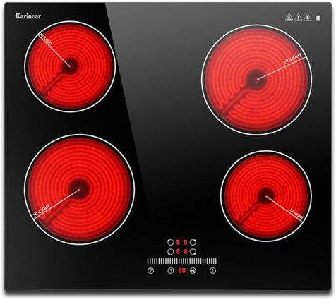 Karinear Glaskeramikkochfeld 4 Platten Einbau, Elektrokochfeld 60 cm mit Slider, Touch-Steuerung, Keramikochfeld 4 Zonen mit Kindersicherung, Timer, Pause & Go, 6000W, 220V-240V, Kein Stecker