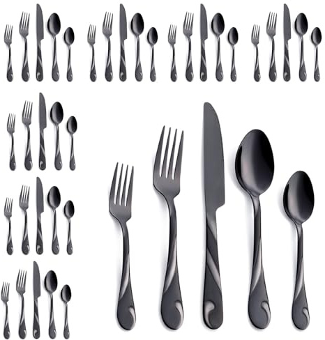 Seeshine Schwarzes Besteckset für 8 Personen, 40-teiliges Edelstahlbesteckset, glänzendes schwarzes Metallbesteckset, einschließlich Gabel-, Messer- und Löffelset, spülmaschinenfest