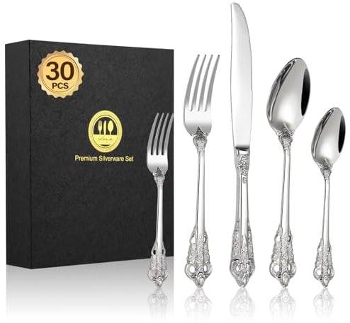 BEWOS 30 Stück Silber Palast Besteck Set, Hochwertig Edelstahl Besteck, Geprägte Design-Griffe, Bankett Essbesteck, Atemberaubend Poliert & als Geschenk Verpackt, Spülmaschinenfest