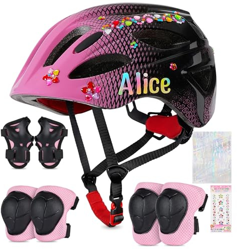 EllaSeek Kinder Fahrradhelm Knieschoner Protektoren Set Ellenbogenschützer Handgelenkschoner für 3-8 Jahre Mädchen Helm Skaterhelm mit DIY Aufklebern Für Jungen Skates Rollschuhe Skateboard Fahrrad