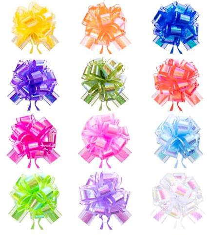 jijAcraft Mehrfarbig Glänzend Geschenkschleife 15cm: 12 Farben Große Schleife Geschenk 12 Stück Ziehschleifen mit Band Schneegarn Dekoschleife für Hochzeit, Regenbogen-Party, Weihnachten