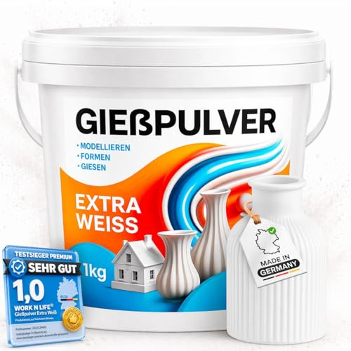 Gießpulver Extra Weiß 1KG - TESTSIEGER - Gips zum Gießen für Silikonformen - Lufthärtend & Geruchlos - Gießmasse für Silikonformen - Reliefgießpulver - Giesspulver Weiß Starterset (Extra Weiß 1,0kg)