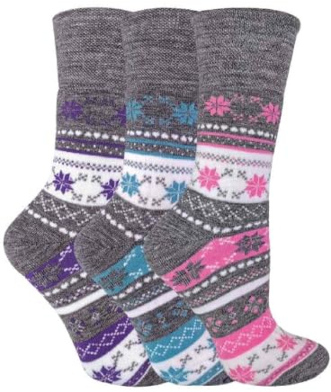 Sock Snob - 3er Pack Damen Ohne Gummi Winter Socken für Diabetiker - Diabetikersocken Thermosocken mit Norweger Muster
