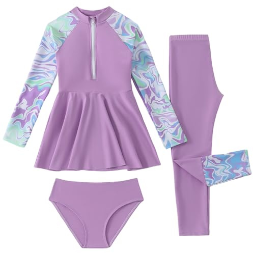 Mädchen Burkini Badeanzug 3 Set Langarm Badeshirt Lange Badehose Badeshorts Badekleidung Elastizität Badeanzug Kleid Surfanzug Neoprenanzug
