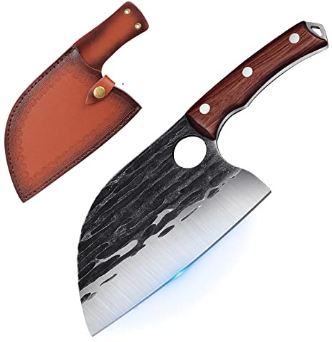 SMITH CHU Hackmesser Serbisches Metzgermesser Handgeschmiedetes Kochmesser Küchenmesser Fleischerbeil Fleisch Gemüse scharfes Ausbeinmesser mit Lederschiede für BBQ Camping papa vatertag geschenk