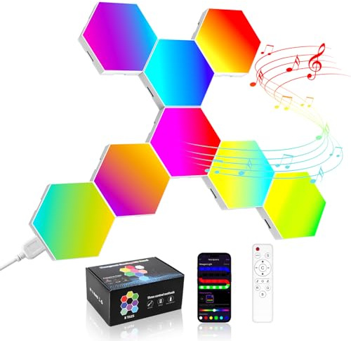 MeRGBW-Home 8 Pcs Hexagon LED Panels, Sechseck Gaming Deko LED Wandleuchte, Musik Sync, APP-Kontrolle, Fernbedienungen, Sechseck Waben Wall Lights Gaming Zubehör Hexa Lampe Smart Zuhause Wand Deko