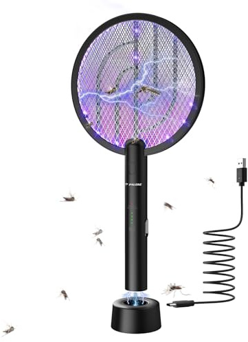 PALONE Elektrische Fliegenklatsche, 4000V Wiederaufladbar Insektenvernichter UV Elektrischer Mückenklatsche USB Fliegenfänger Insektenfalle mit Basis - Schwarz