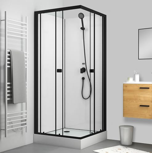 Komplettdusche Marwell Prime Style 80x80x200 cm Fertigdusche mit Schiebetüren, Sicherheitsglas 5 mm, Acryl-Duschtasse, Aluminiumprofile matt schwarz, Montage ohne Silikon