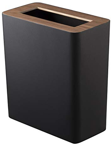 YAMAZAKI Rin Papierkorb, schwarz | Stahl / Holz, 10 L, Metallring im Inneren, Verstäckt Mülltüten, 15 x 28 x 30 cm, Japanisches Design