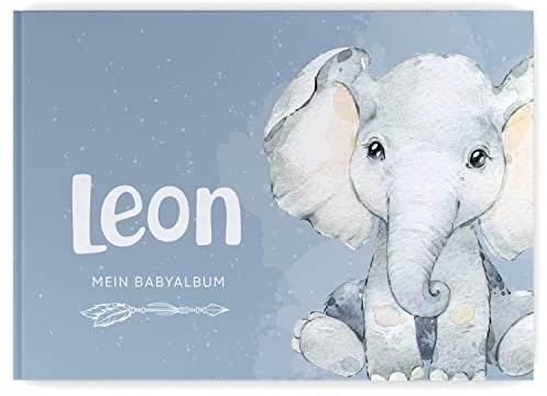 Babyalbum - Mein erstes Jahr, Junge Mädchen, Album zur Geburt, Baby-Tagebuch, schönsten Momente und Erinnerungen zum Auszufüllen auf 104 Seiten (mit Personalisierung, Elefant, blau)